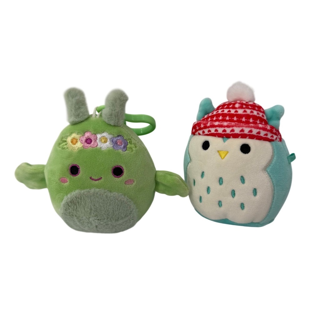 Squishmallows Plush Lot Green Moth Flower Crown Teal Owl Winter Hat 3.5" Clip On
